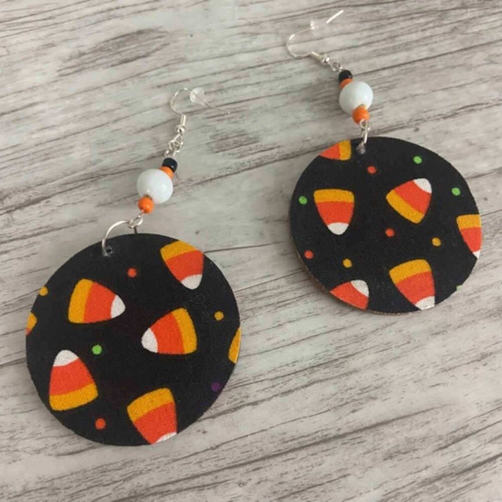 Candy Corn Black Orange Round 2” Dangle White Beaded French Wire Silver